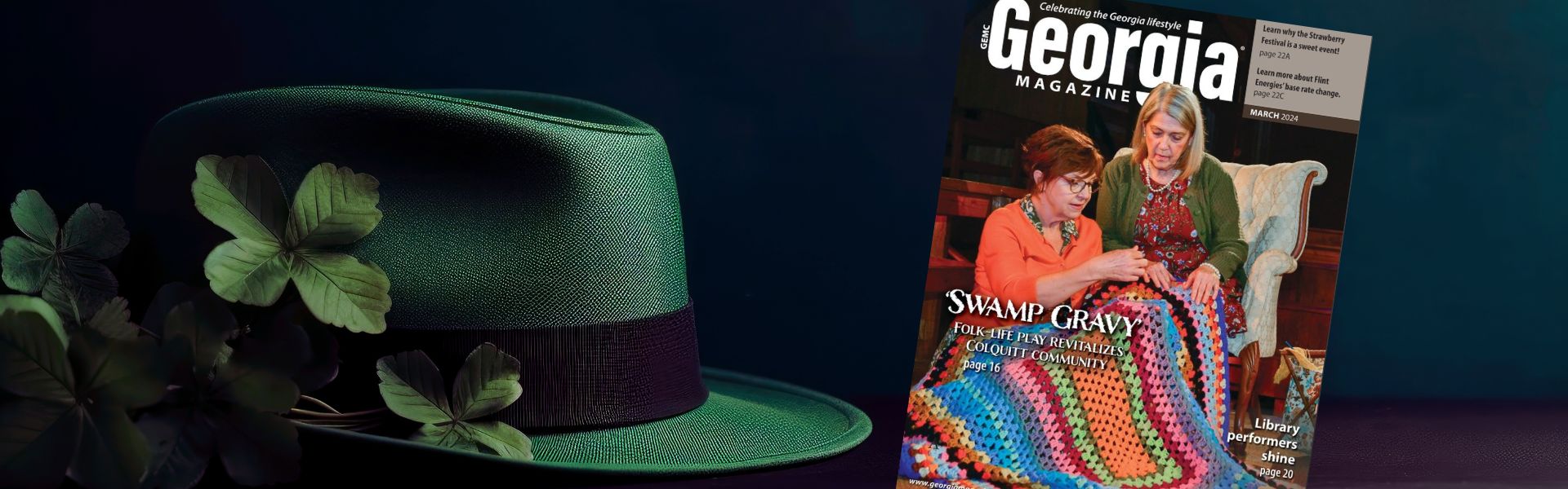 Hat and magazine against green background